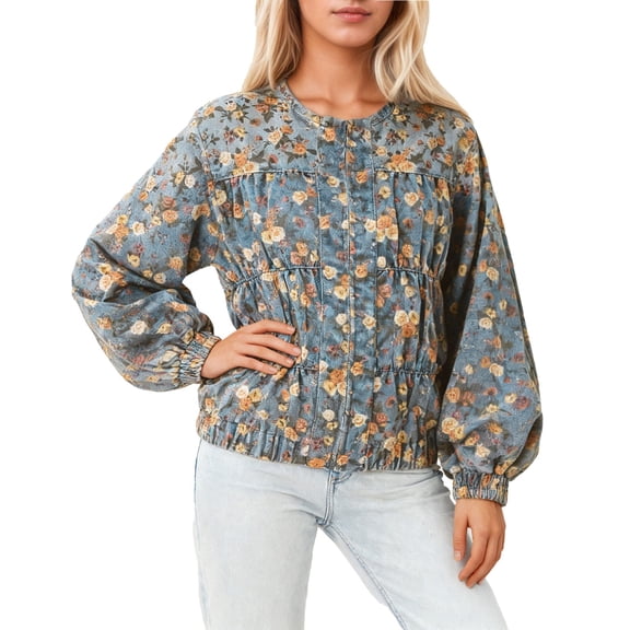 Unir Women Relaxed Crew Neck Floral Print Gathered Waist Batwing Long Sleeve Washed Denim Jacket Elastic Casual Daily Boho Layering Outer Coat 1PC S-XL