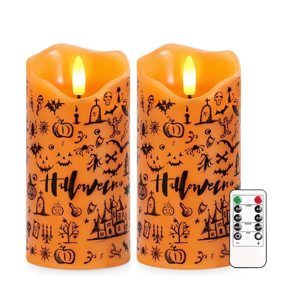 Halloween Flameless Candles Set of 2, 6"x3" Real Wax LED Candles with Remote & Timer, Flickering Electric Pillar Candles Battery Operated, Orange Candles Light for Home Halloween Decor