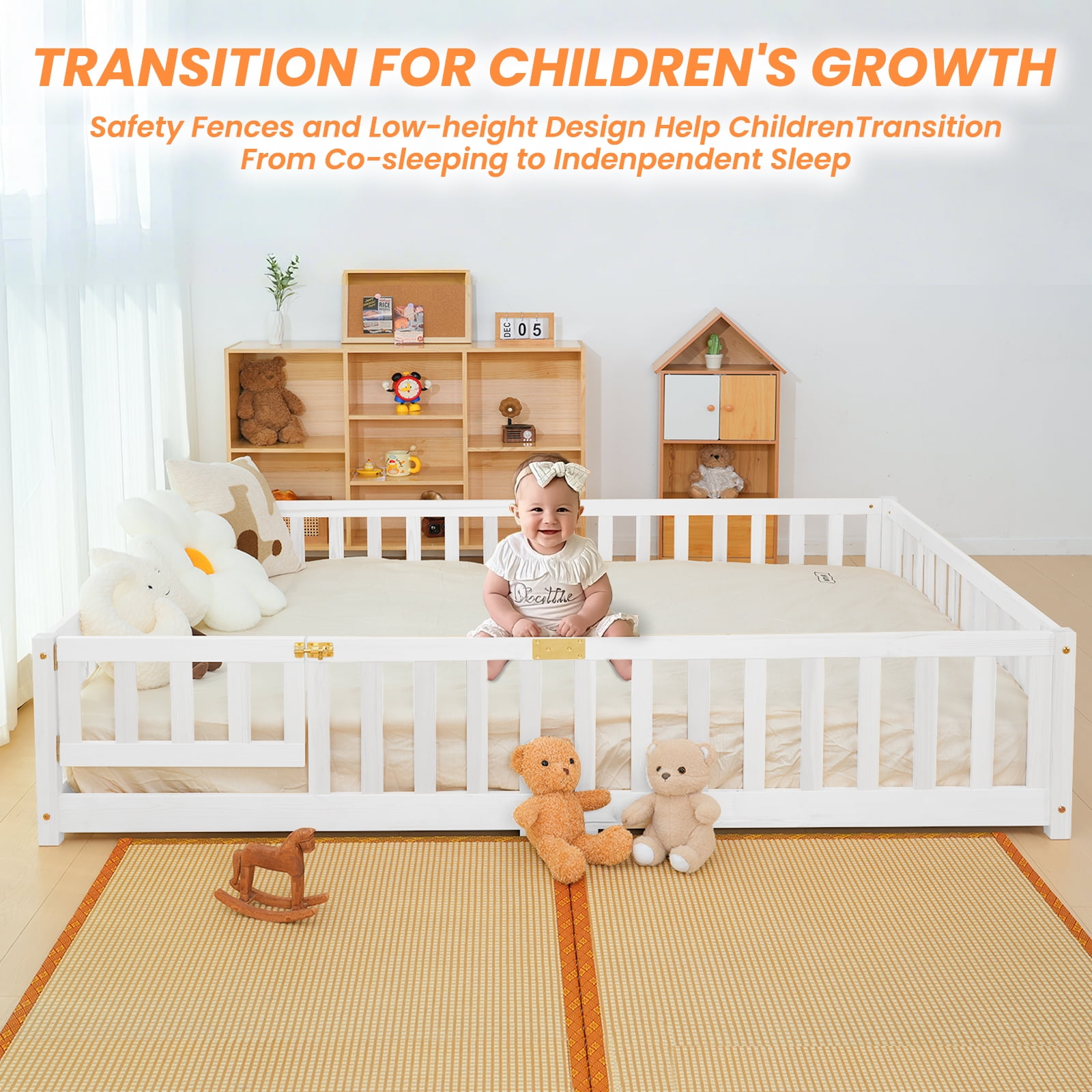 Slsy Full Size Toddler Floor Bed,Solid Wood Montessori Bed Frame with Fence & Door Montessori Floor Bed Crib with Safety Guardrails for Girls and Boys