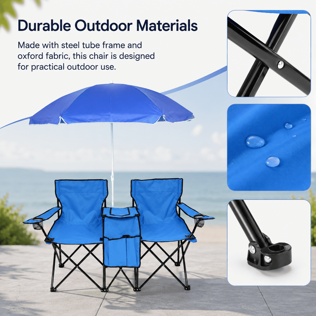 Alvantor 2-Seat Outdoor Folding Chair with Removable Sun Umbrella, Blue