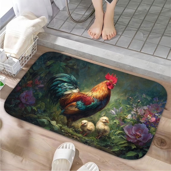 1pc Rooster and Chicks Absorbent Non-Slip Bathroom Thickened Flannel Rug Decor,Soft,Quick Drying,Suitable For Indoor/outdoor Use,Bathrooms,Bedrooms,Kitchens,Terrace,Laundry Rooms,16"x24"