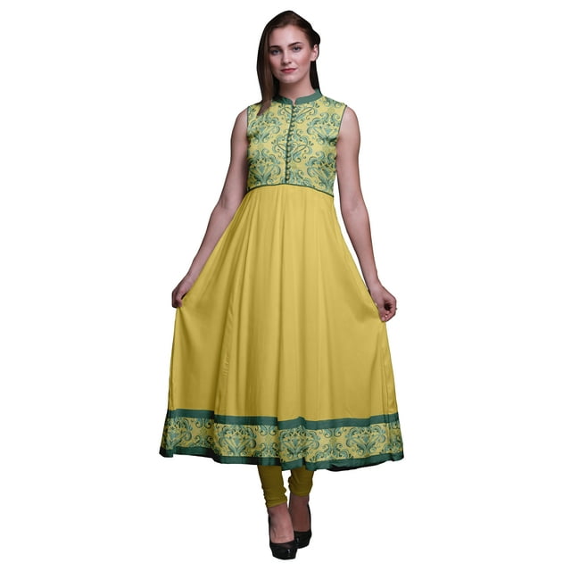 Bimba Robe Anarkali Damassée Jaune Moyenne pour Femmes, Kurti Imprimée Ethnique Indienne, Longue Kurta, Robe de Soirée, Petit