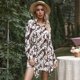 thumbnail image 4 of Vestido estampado teñido anudado Solapa de manga larga Pretina de un solo pecho Vestido de moda para mujer Beige S, 4 of 7