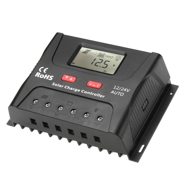 50A PWM Solar Controller / 24V Self-Adapting Less Than 55V Input Solar Panel Regulator for Flooded Lithium Battery with Temperature Compensation Multiple Protections LCD Display