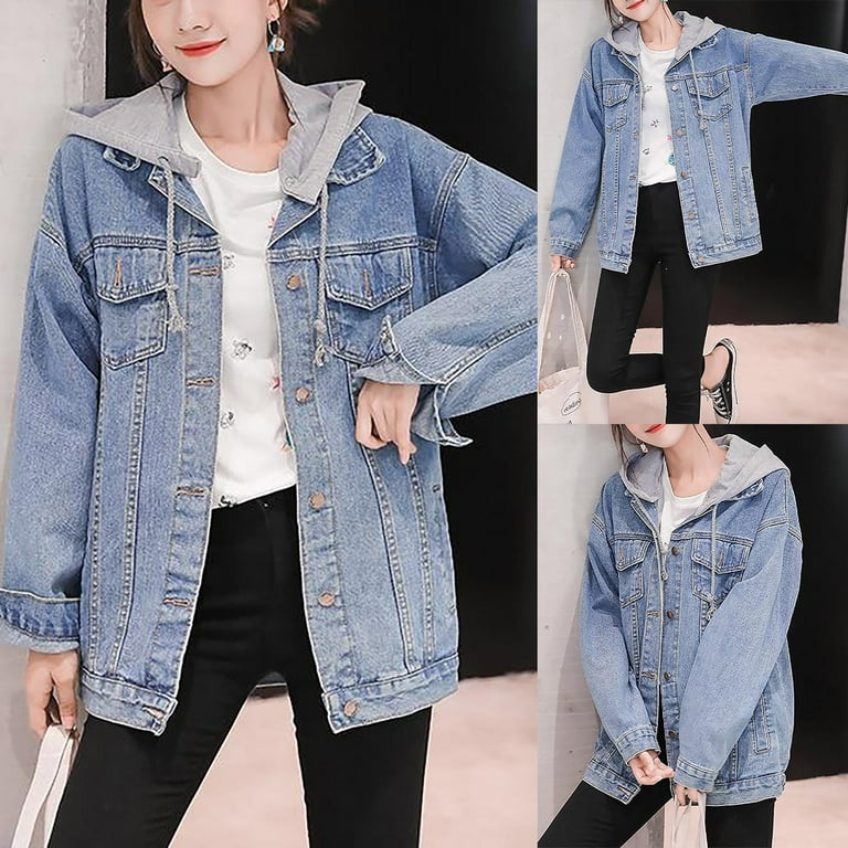 NIUREDLTD Women s Hooded Jean Jacket Long Sleeve Button Down Front Frayed Boyfriend Denim Coat Outerwear With Pockets Blue S