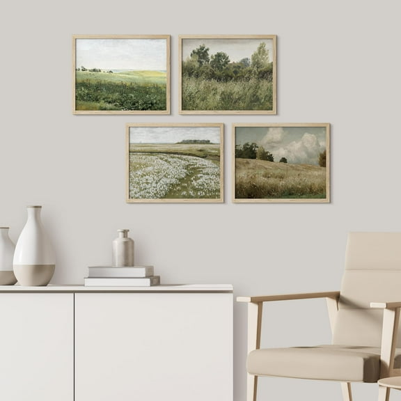 PixonSign Framed Wall Art Green Meadow Countryside Fields Landscapes Prints, Set of 4 Nature Wilderness Paintings, Minimalism Wall Décor, Adhesive Canvas Poster for Home Decor - 11"x14" Natural