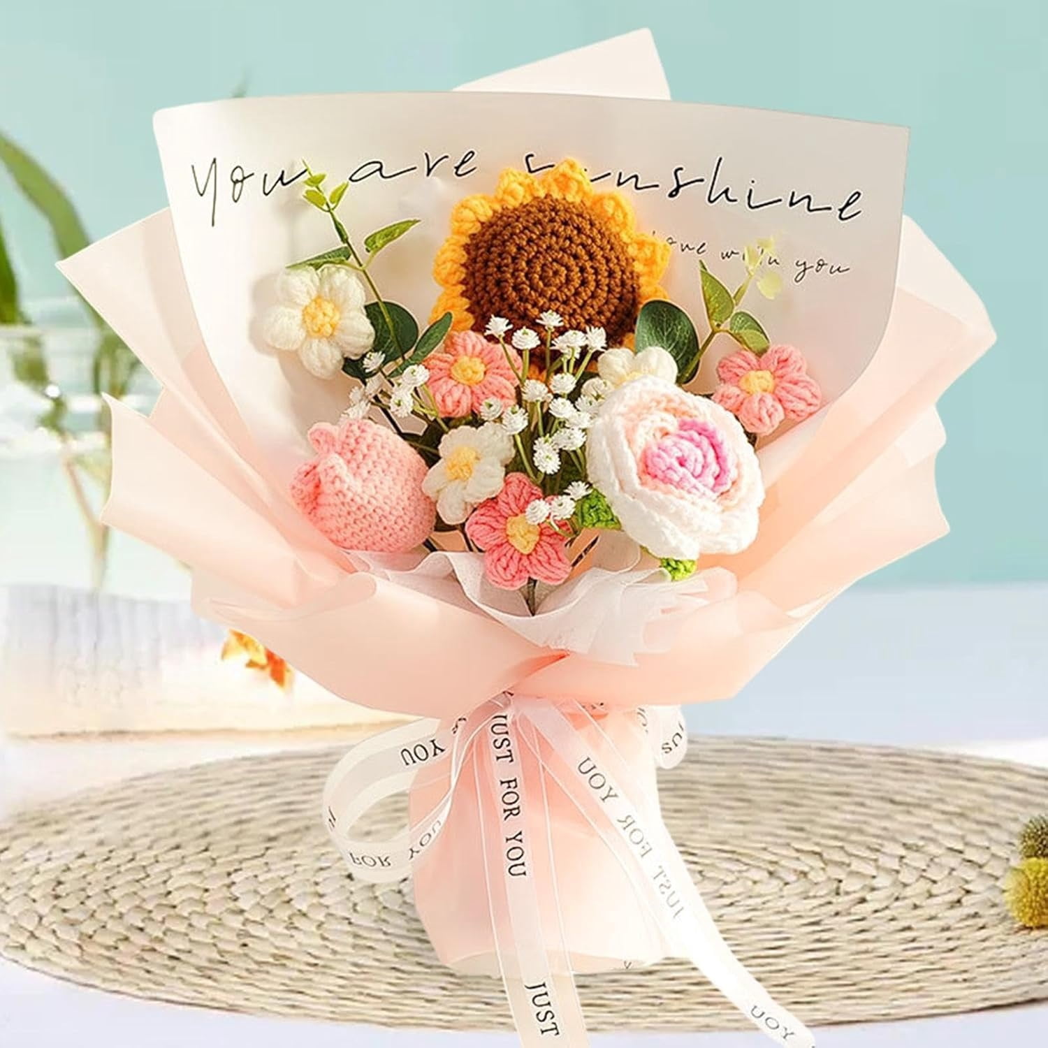Crochet Flowers Bouquet, Kvago Completed Handmade Knitted Flowers, 13.78in Artificial Flowers Gift for Birthday Wedding Anniversary Graduation Home Decor (Style B)