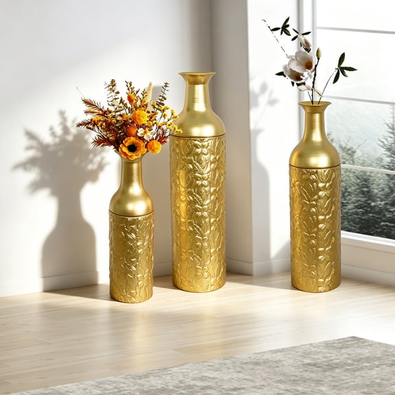 Set of 3 Gold Leaf Pattern Metal Floor Vases, Tall Decorative Vases for Living Room Entryway Home Decor