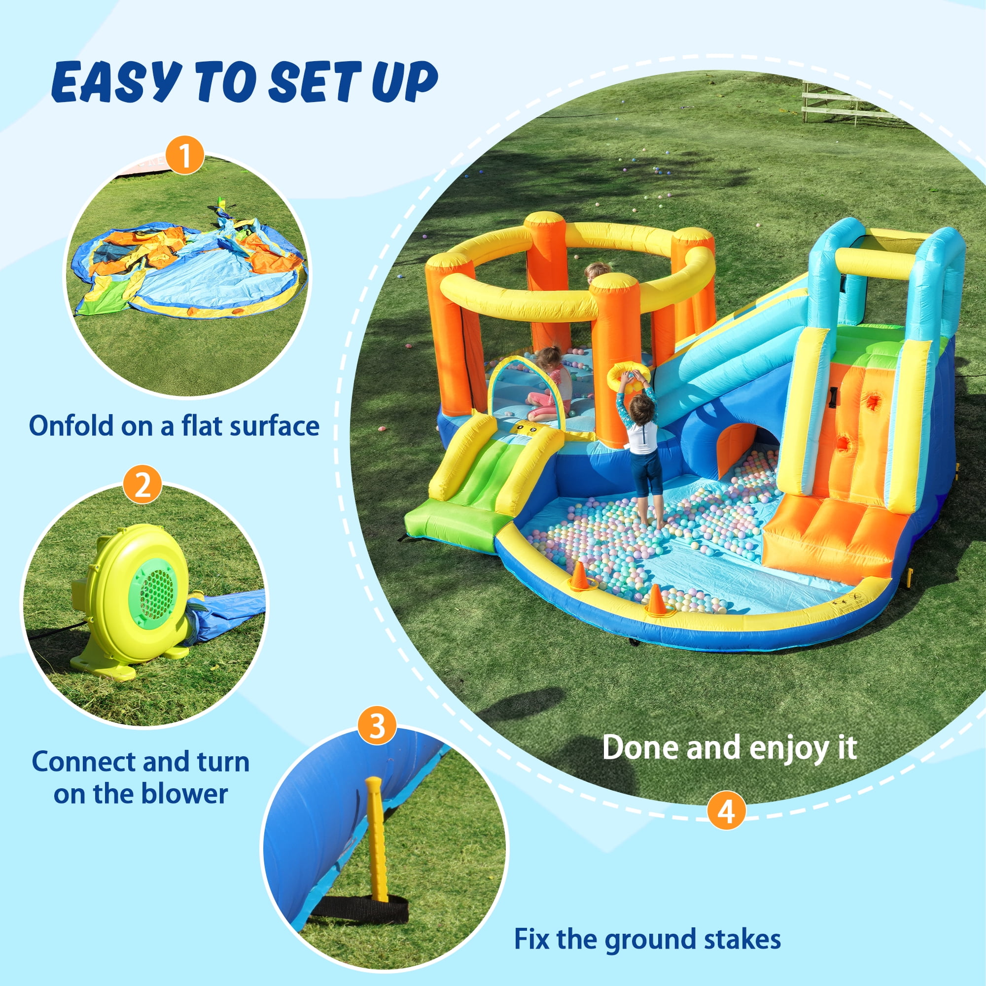 SaveJoy Large 8-in-1 Inflatable Bounce House, 173''x147''x83'', 450W Blower, Jumping Castle for Kids 3-8, Indoor & Outdoor Use