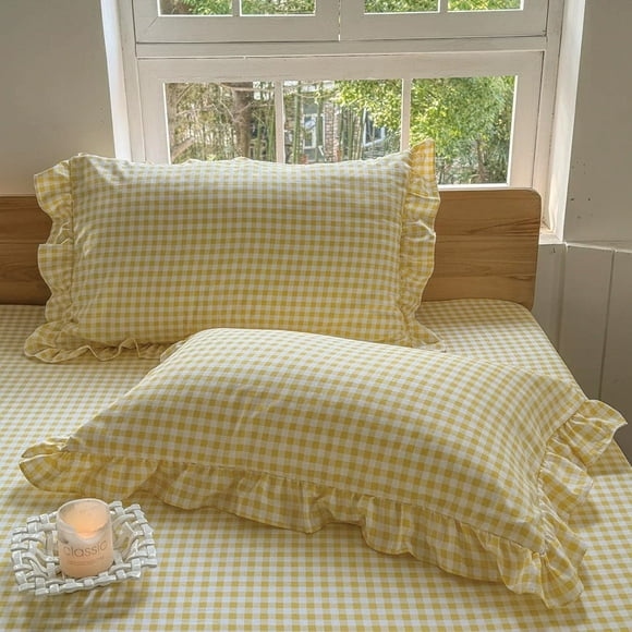 NSNLGSGC Yellow Ruffled Plaid Gingham Standard Size Pillow Shams 20"x26", Set of 2 Taupe Checked Pre-Washed Microfiber Farmhouse Pillowcases for Bed/Sofa (20"x26", Yellow Gingham)