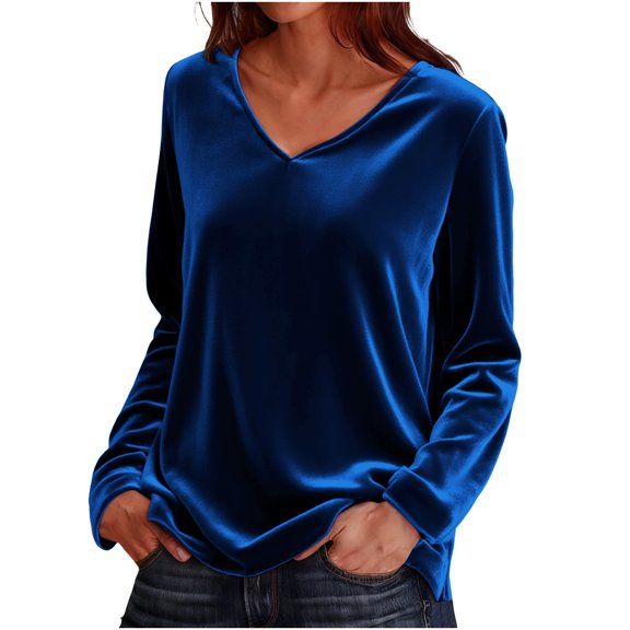 SBYOJLPB Women's Solid Velvet Long Sleeve V Neck T-Shirt Top Spring Blouse Blue L