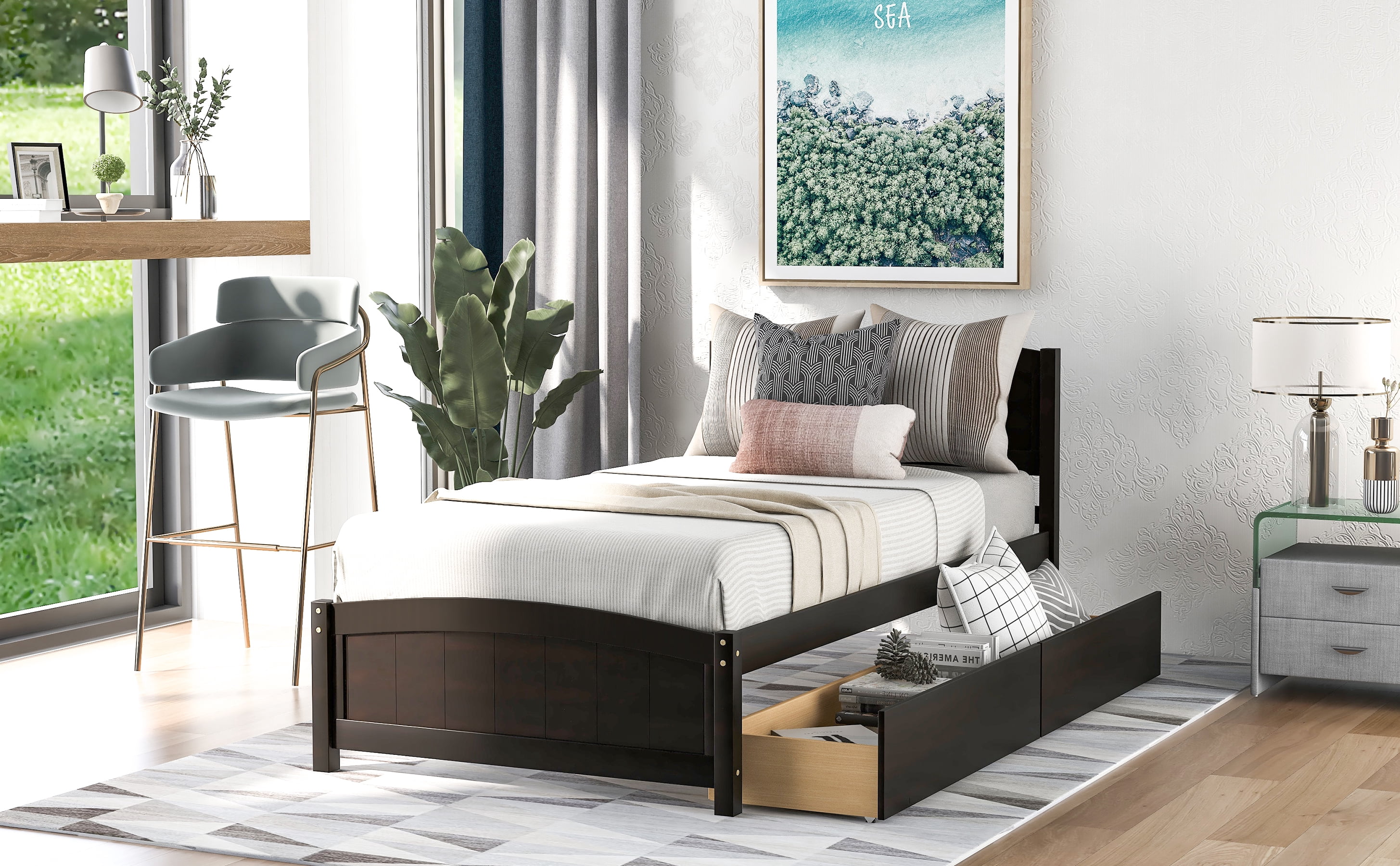 Mintazer Farmhouse Solid Wood Twin Platform Bed Frame with 2 Storage Drawers for Bedroom Guest Room, No Box Spring Needed, Espresso