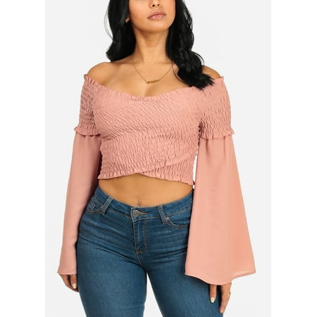 Womens Crossover - Womens Juniors Stylish Off Shoulder Angel Sleeve Crossover Shirring Mauve Crop Top 40117P