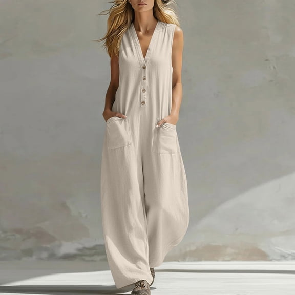 Gymvis Linen cotton Jumpsuit for Women Sleeveless Casual Solid One piece Womens Linen Jumpsuit Loose