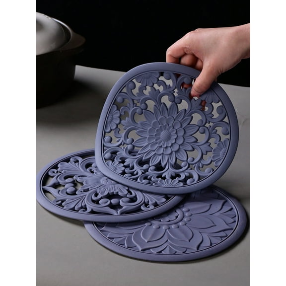 Set Of 3pcs Traditional Silicone Trivet Mat(20cm/7.87inch)(16cm/6.3nch) - Non-Slip & Heat Resistant Kitchen Hot Pads For Countertops & Table - Kitchen Trivets For Hot Dishes & Cookware - Hot Pot Holde