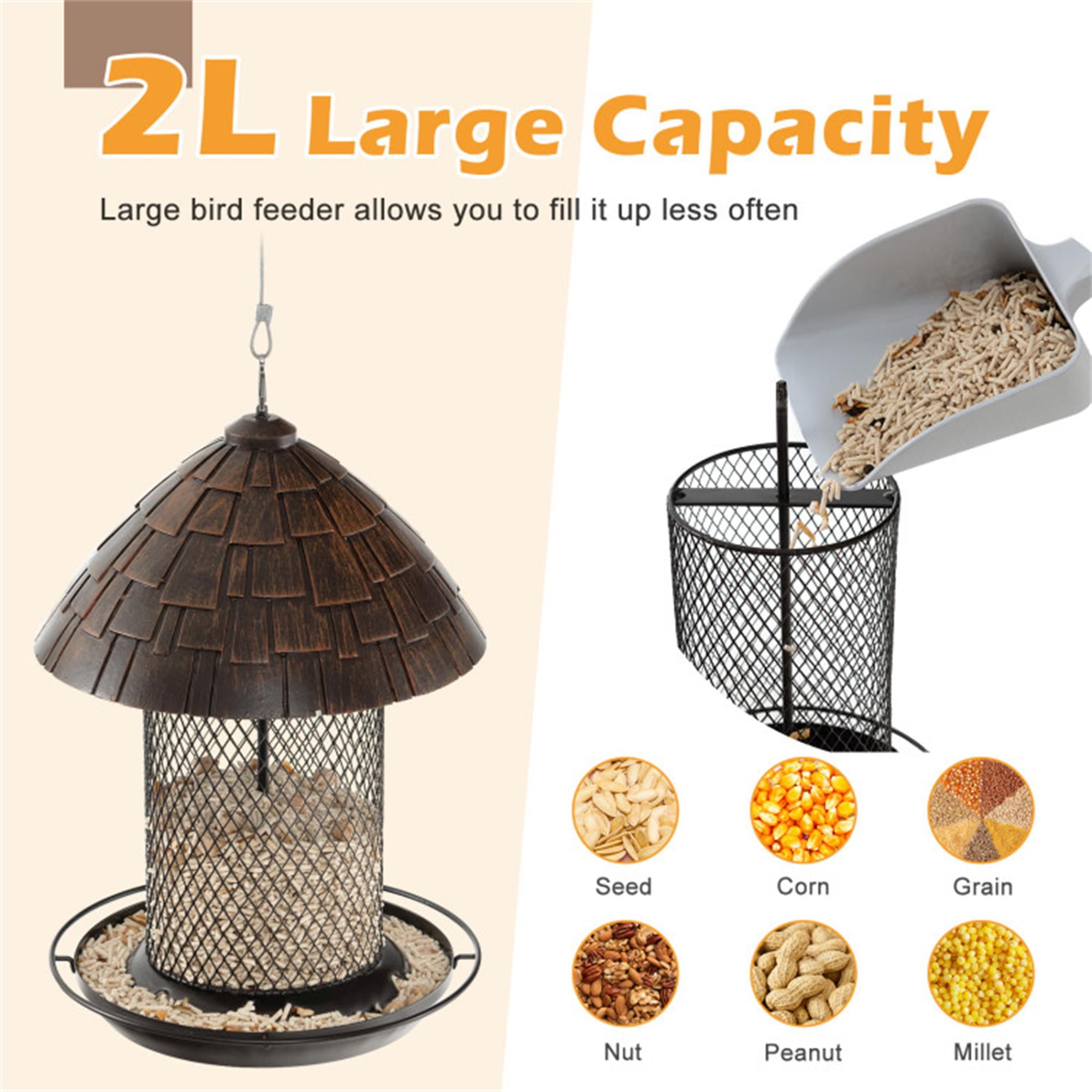 Kadyn 17" Metal Hanging Bird Feeder with Perch and Drain Holes, Squirrel-proof Wild Bird Feeder for Outdoors, Gray