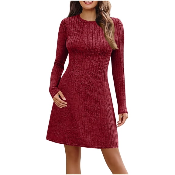 SYMOID Womens Red Long Sleeve Knit Dress - Fall Winter A-line Knee-Length, Waist-Defining with Pockets, 100% Polyester, S-XXL,Size S