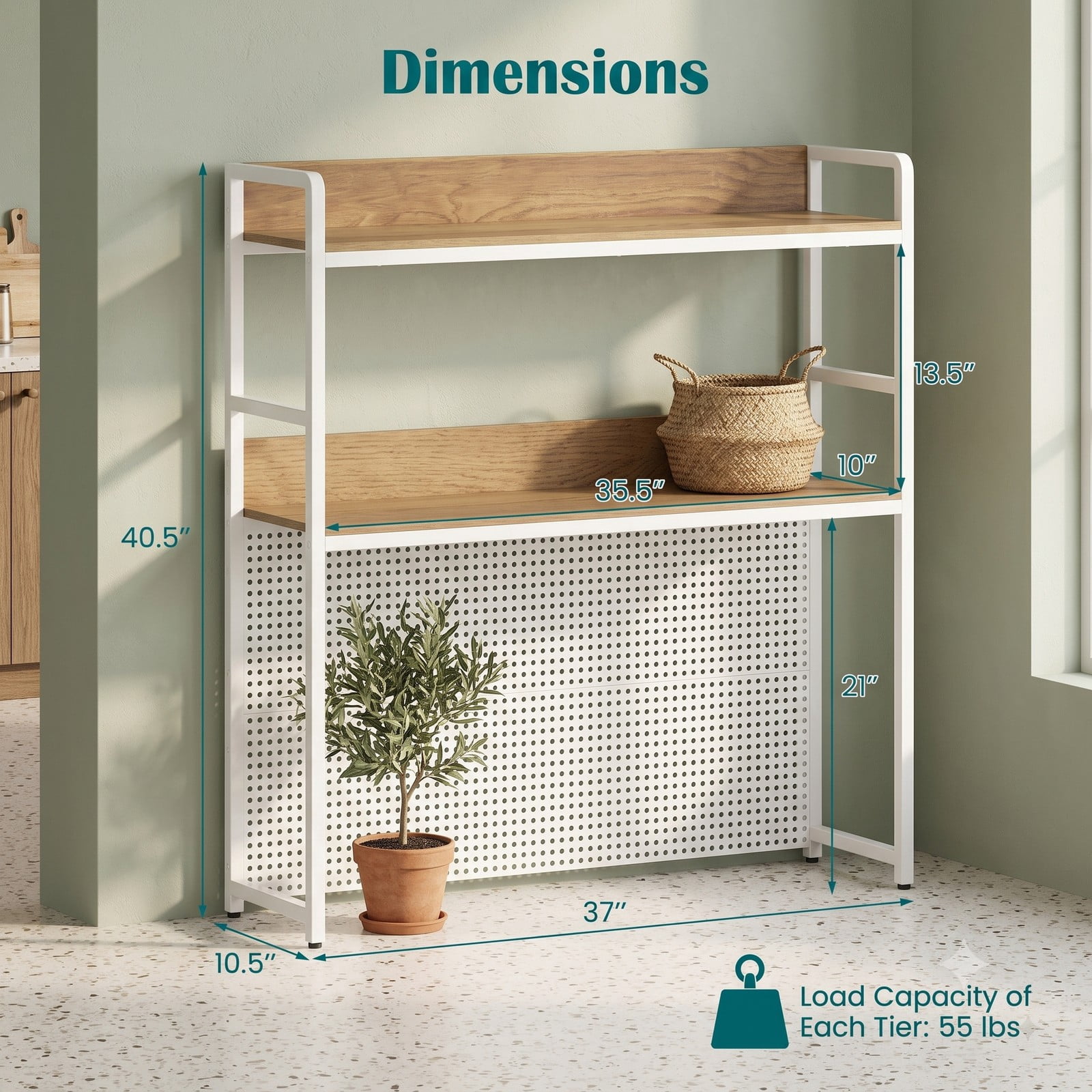 Furnibear 2-Tier Desktop Bookshelf with Metal Pegboard, Monitor Stand Riser Desk Organizer Shelf for Home Office up to 32 Inch Screen, Natural