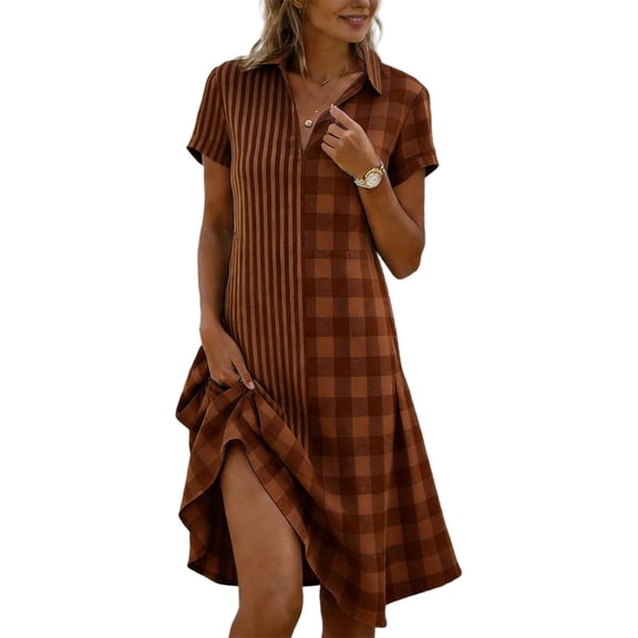 Iyufng Women Dresses Checkered Patchwork Dress Summer Casual Loose-Fit Midi Dress