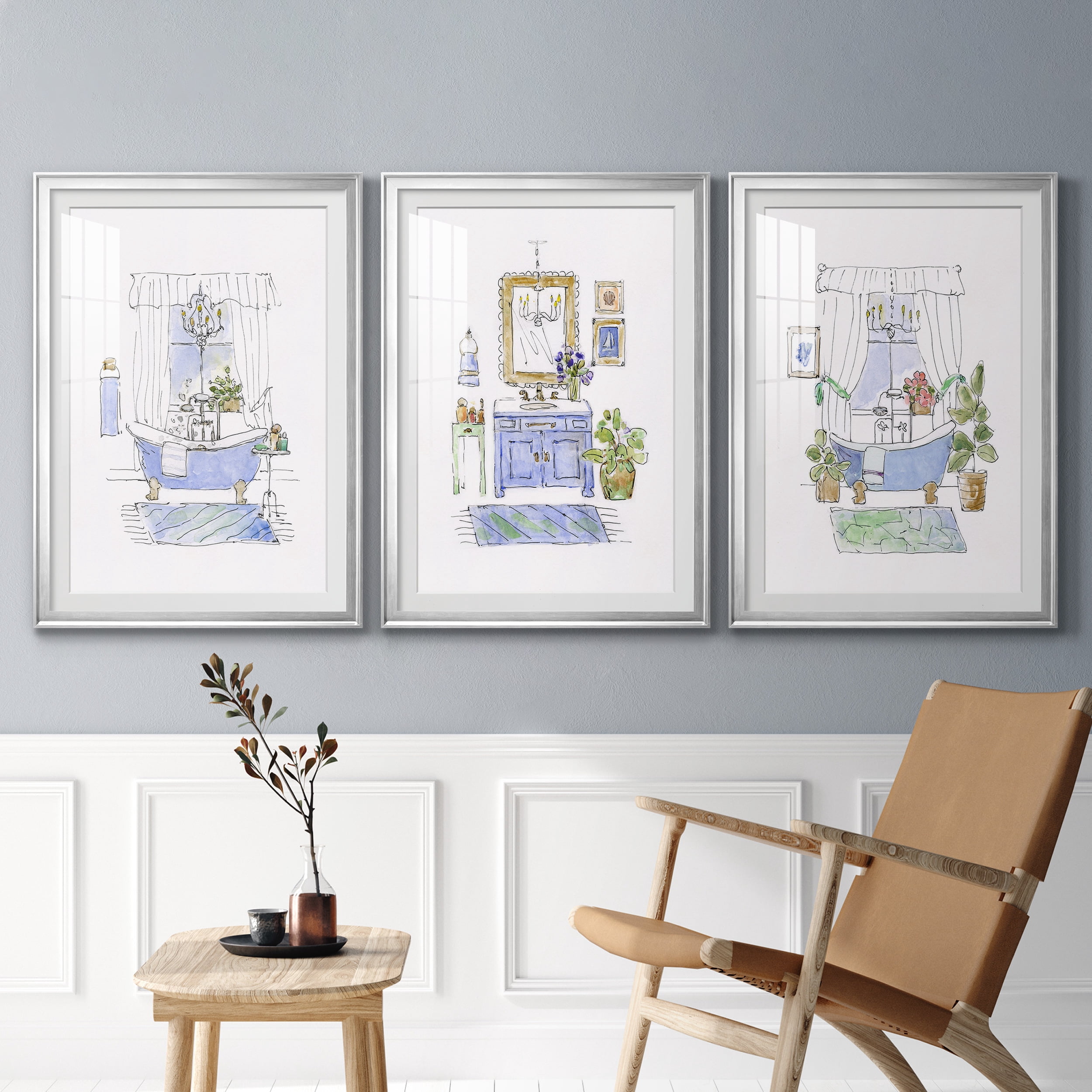Sketchy Bath I Premium Framed Prints Set of 3 - Ready to Hang - 26.5 x 36.5 Each - Silver Frame