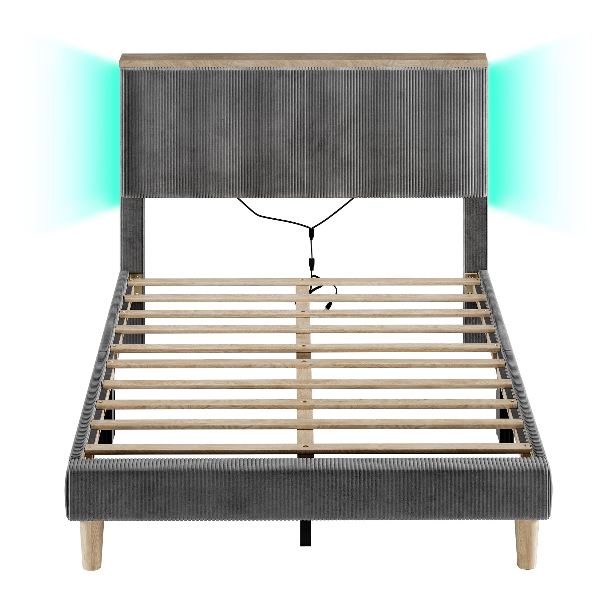 Bestier Full Size Bed Frame Upholstered Corduroy Platform Bed with LED Light & Adjustable Storage Headboard for Bedroom, Gray