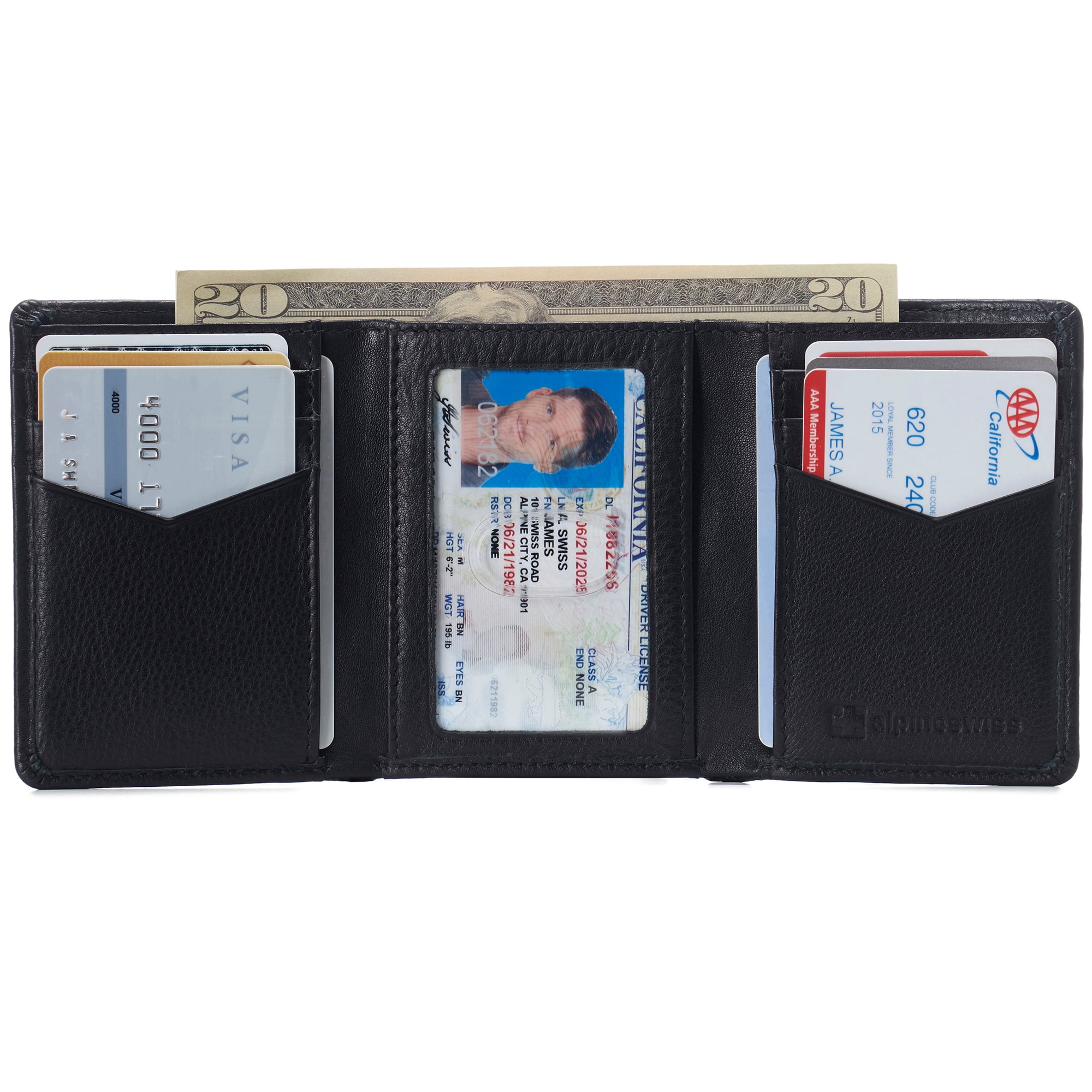 Alpine Swiss Mens Leon Trifold Wallet RFID Safe Bifold Genuine Leather ID Window