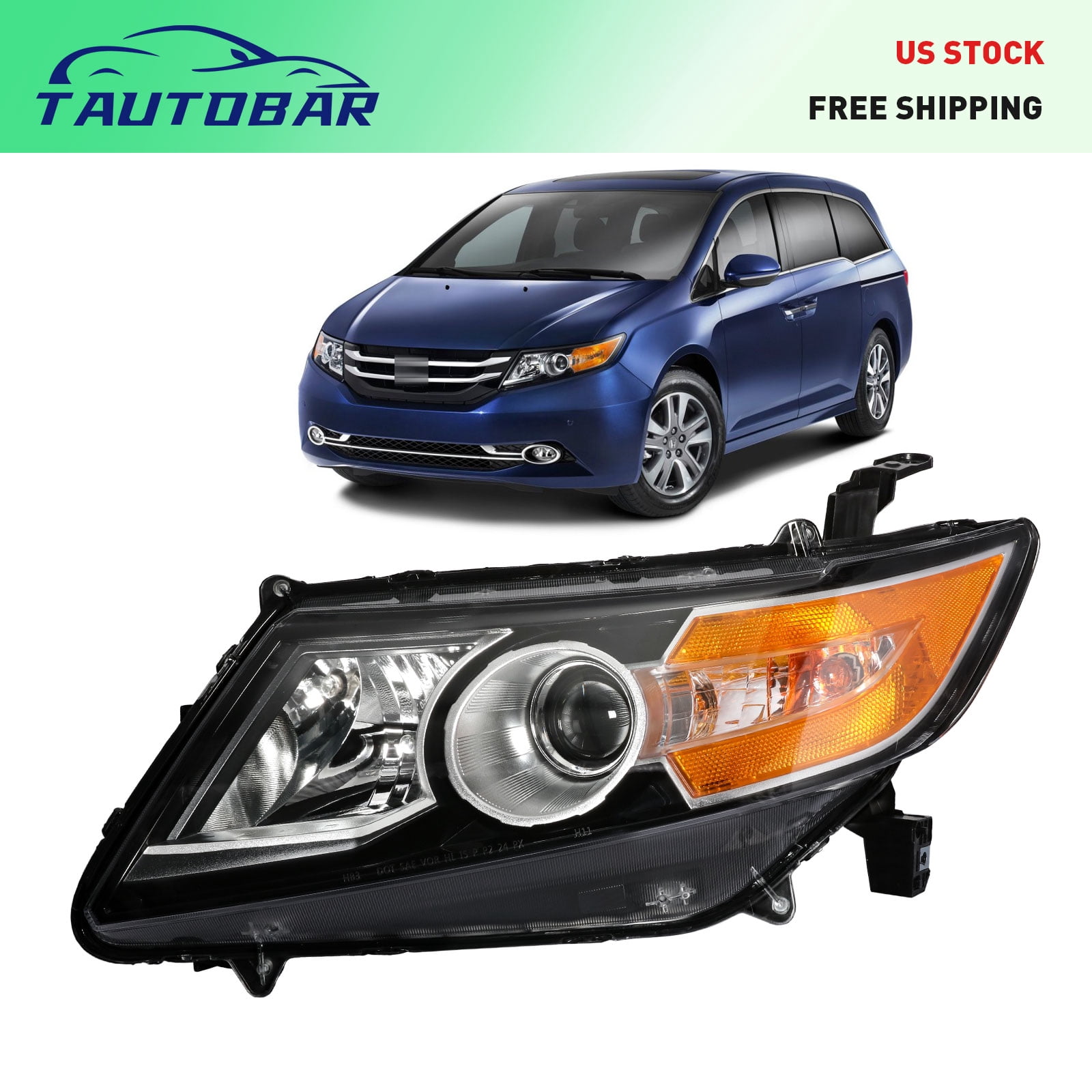 HOUGEET Headlight Fit for 2011-2013 Honda Odyssey EX/EX-L/LX Left Drive Side Halogen With bulb(s)(Black&Chrome)