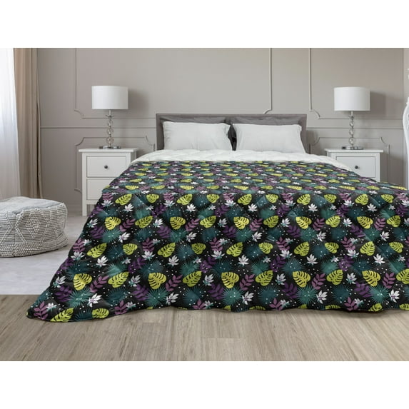 Botanical Down Alternative Comforter, Ginkgo Leaves Wild Forest Foliage Medicinal Herbs Japanese Nature, Microfiber Quilt for All Season, 5 Sizes, Rose Turquoise and White, by Ambesonne