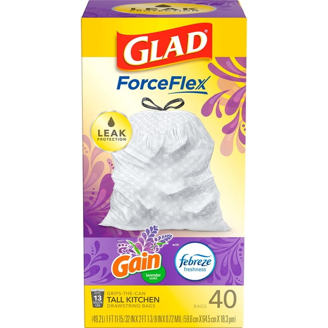 Glad Bolsas de basura ForceFlex Bolsas de basura altas con cordón para cocina Bolsa de basura de 13 galones Gain Lavanda con frescura Febreze 40 unidades