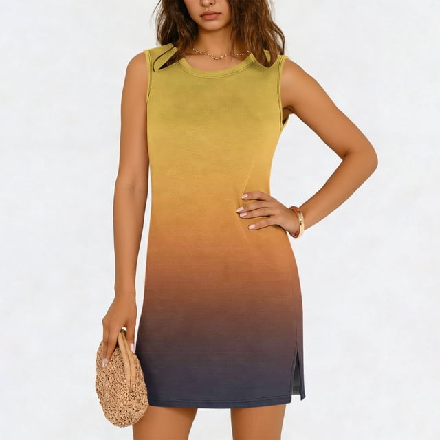 TaTaai Women's Round Neck Sleeveless Slip Dress Solid Color Casual Pullover Dress with Side Slit Lightweight Summer Stretchy Fit Gift