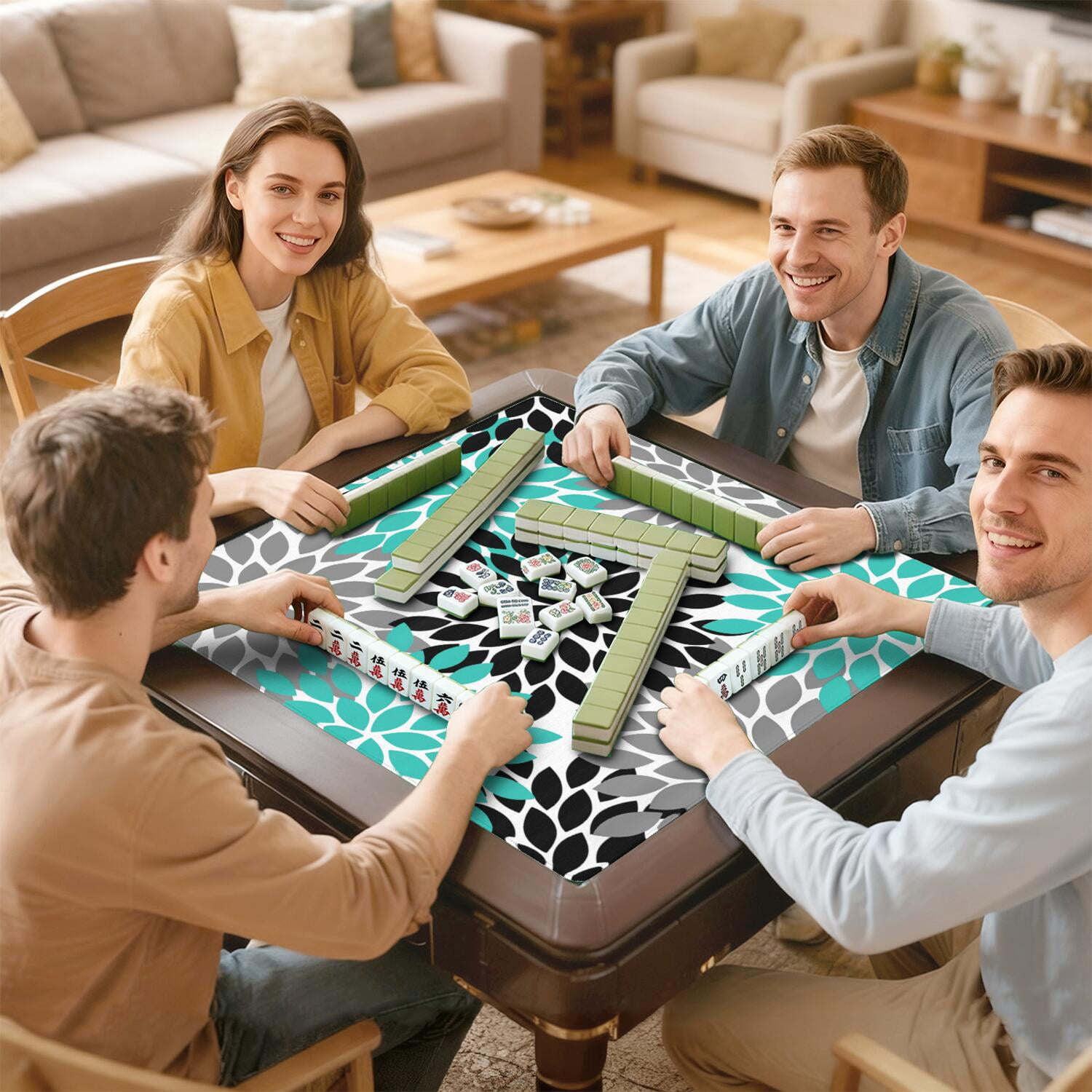 Decorative Boho Print Playing Mat for Mahjong Tables 31.5x31.5 Inch Rubber Surface with Anti-Slip Grip and Noise Dampening for Board Games and Game Room