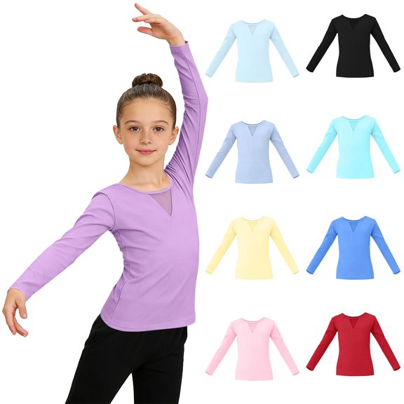 Asxite Girls Solid Tops Cotton Long Sleeve Crew Neck T Shirt Fall Casual Dance School Uniform