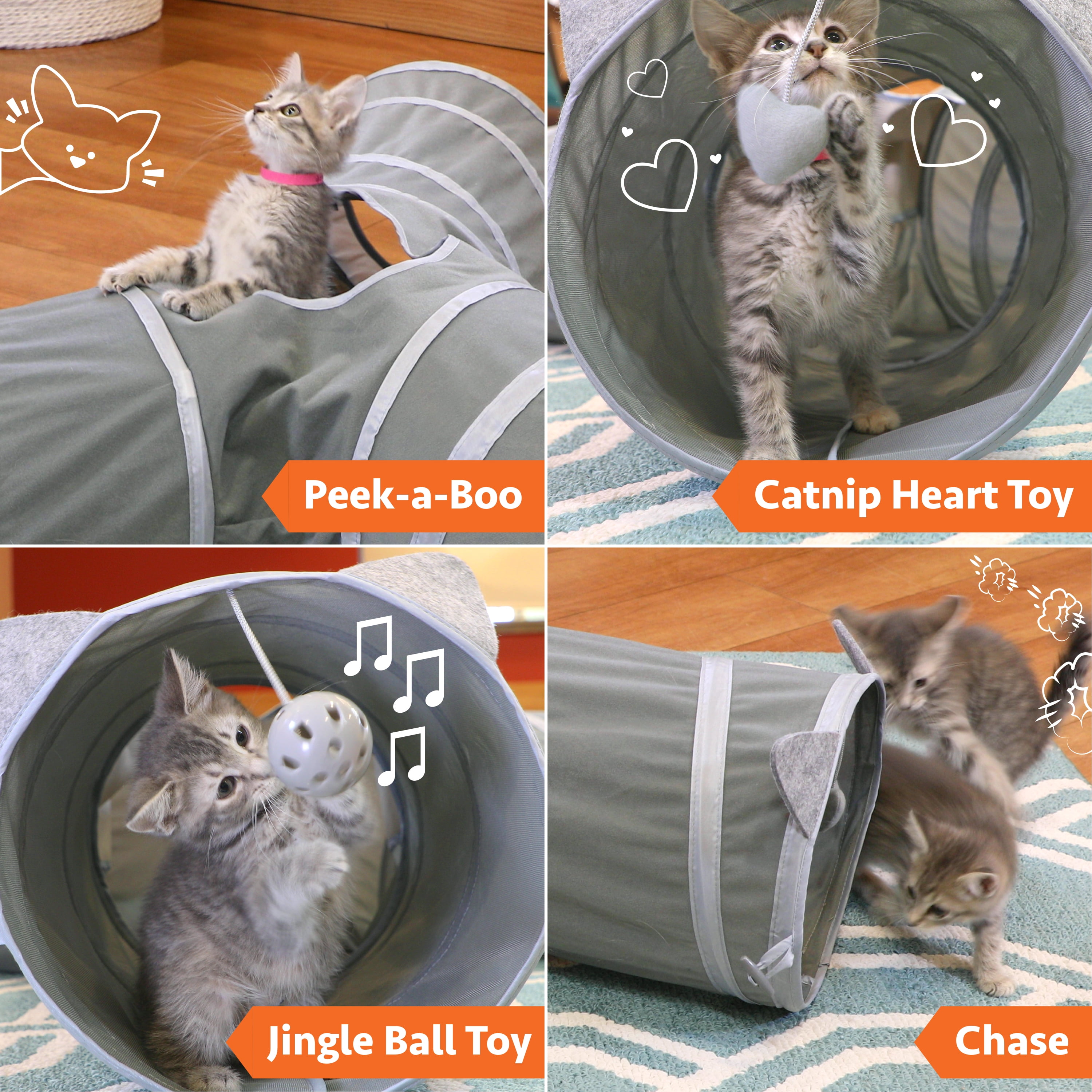 Kitty City Gray Pop-Up 3-Way Cat Tunnel with Catnip Toys, Expandable Playset for Cats & Kittens