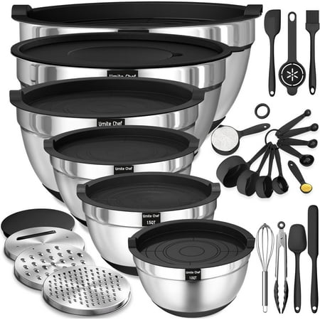 Umite Chef Mixing Bowls with Airtight Lids, 26Pcs Stainless Steel Bowls Set, 3 Grater Attachments & Black Non-Slip Bottoms Size 7, 4, 2.5, 2.0,1.5, 1QT, Great for Mixing & Serving