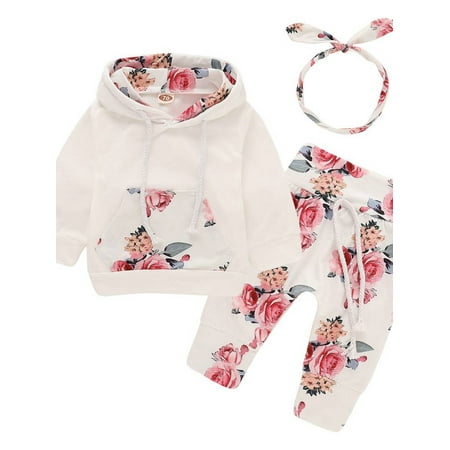

uukiA Newborn Baby Girls Flower 3-24 Months Hooded Top+Pants+Headband Long Sleeve Suit