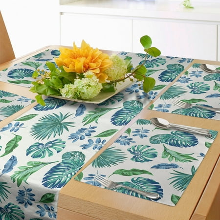 

Green Leaf Table Runner & Placemats Monstera Coconut Palm Tree Leaves Exotic Rainforest Foliage Eco Set for Dining Table Decor Placemat 4 pcs + Runner 12 x90 Turquoise and Navy Blue by Ambesonne