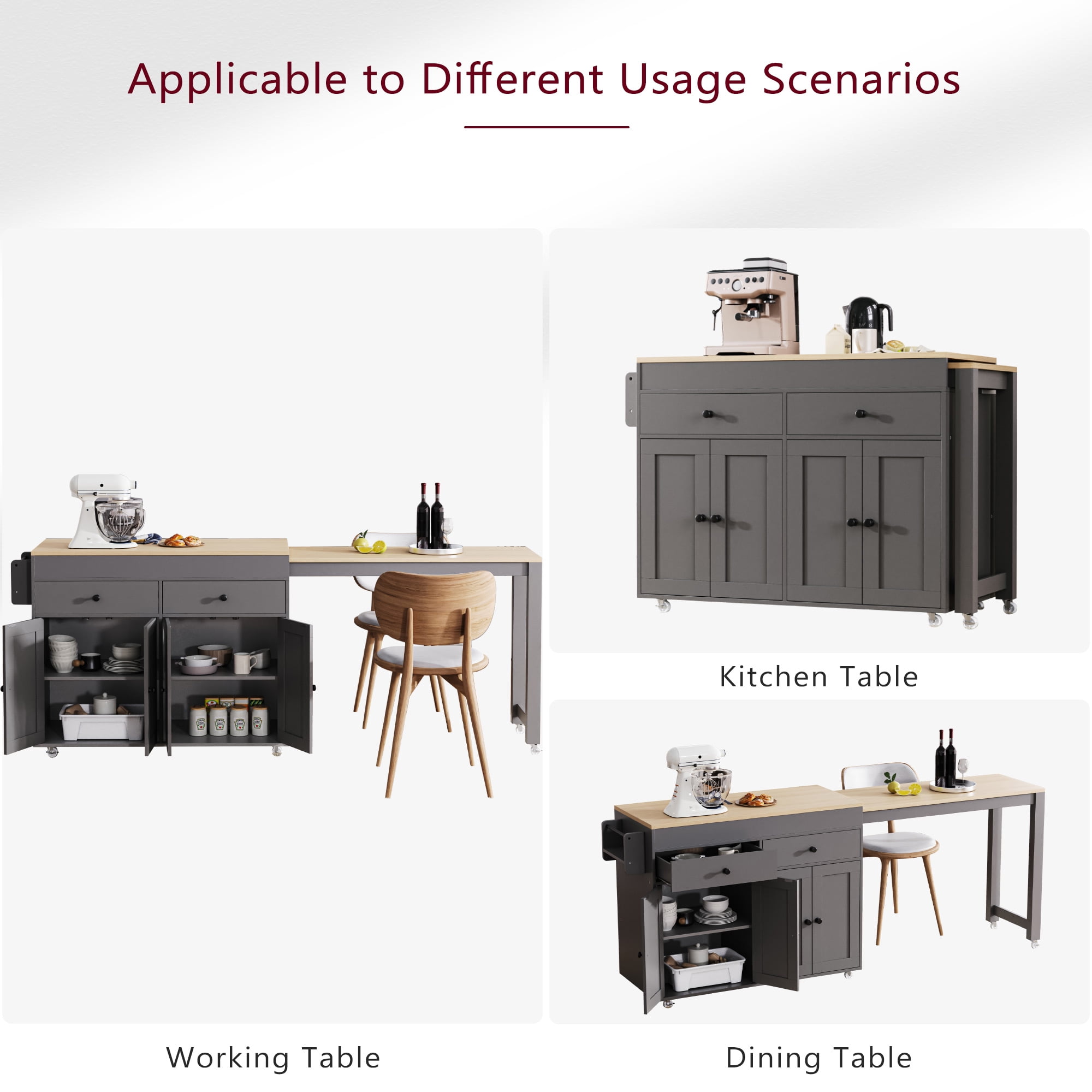 Yoneston 74.5" Rolling Kitchen Island with Extendable Dining Table, Kitchen Storage Cart with Spice Rack and 2 Drawers 4 Doors for Kitchen, Dining Room, Gray