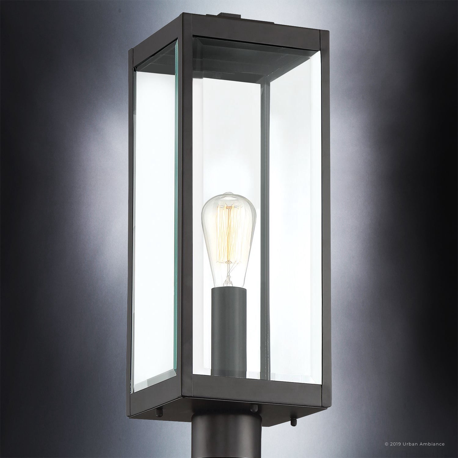 Luxury Modern Farmhouse Outdoor Post Light, 20.50''H x 7.00''W, with Industrial Style Elements, Minimalist Design, Natural Black Finish and Clear Glass Panel With Beveled Edge, UQL1333
