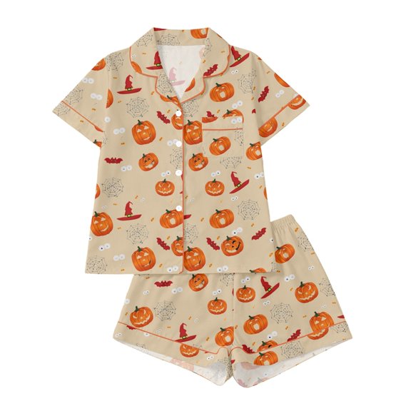 Gyexs Halloween Pajamas Sleepwear for Women Printed Collar Short Sleeve Shorts Pajama Set Pjs Womens Pajamas #A01 Khaki, Size XL