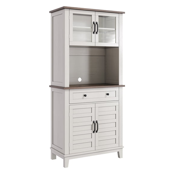 Wisykoke 72" Kitchen Pantry Cabinet, Coffee Bar Cabinet with Microwave Stand, Cupboard with Drawers Glass Doors for Dining Room, Living Room, White