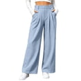 thumbnail image 3 of VBVC Women's Waffle Wide Leg Pants , Pleated High Waisted Trousers For Women , Ladies' Pull On Work Pants with Pockets, Blue , S-3XL, 3 of 7