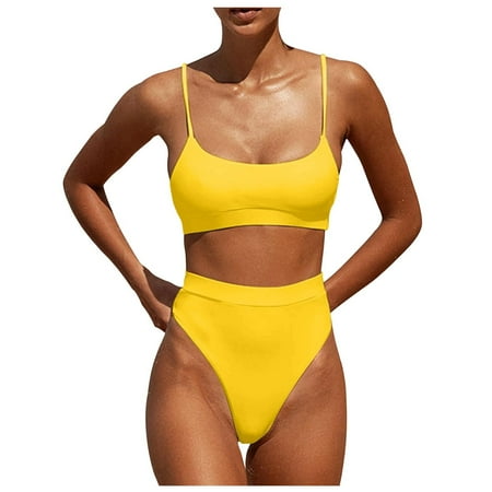 WERYOUNG Womens High Waisted Swimsuits Bottom Padded Bathing Suits Bikini Sets Tops 2PCS Swimwear Summer Tropical Brazilian Vacation Beachwear Versatile Yellow S