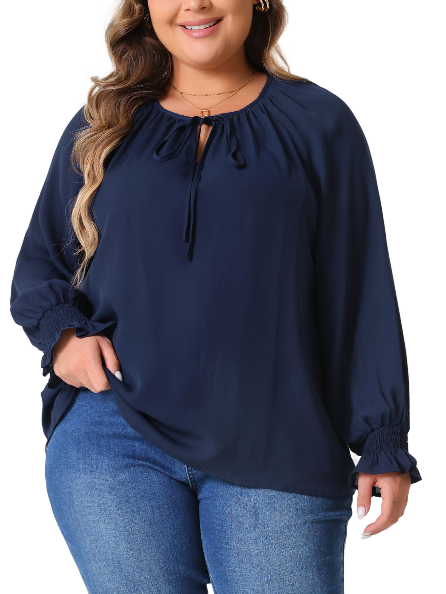 DARING DIVA Women's Plus Casual V Neck Drawstring Long Sleeve Blouse 1X Navy Blue