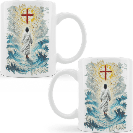 

Lotusprinthandmade Jesus Christ Walking On Christian White Ceramic Mug (11oz) (Made In US) Faith-based Coffee Mug Religious Faith Mug