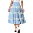 thumbnail image 3 of MODA NOVA Juniors Elastic Waist Floral Printed Casual Long Skirt Midi Tiered Skirt Grey-Blue XS, 3 of 5