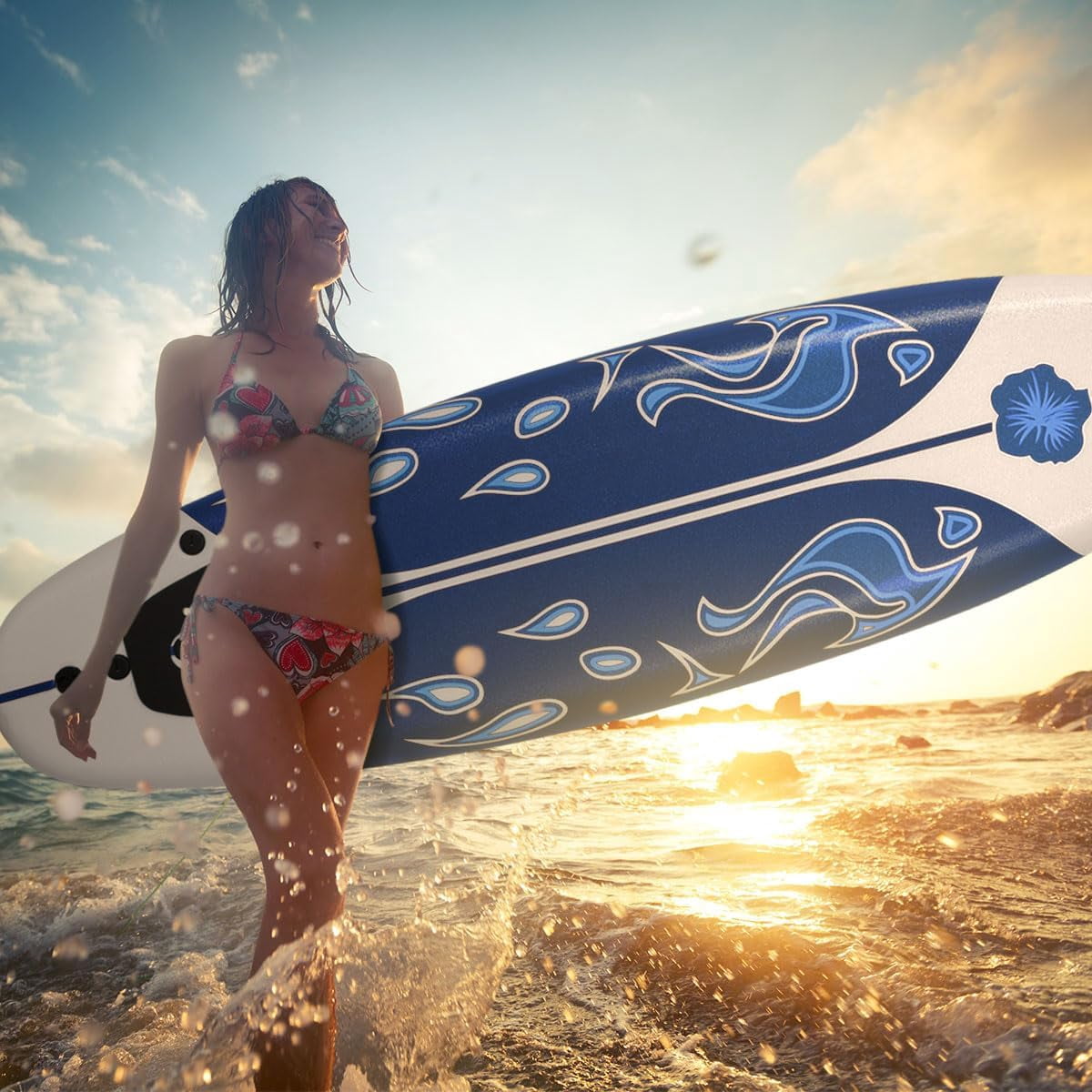 6' Surfboard, Surfing Board with 3 Removable Fins, Safety Leash, EPS Core & EPE Deck, Lightweight Surf Board for Teenagers, Adults, Beginners