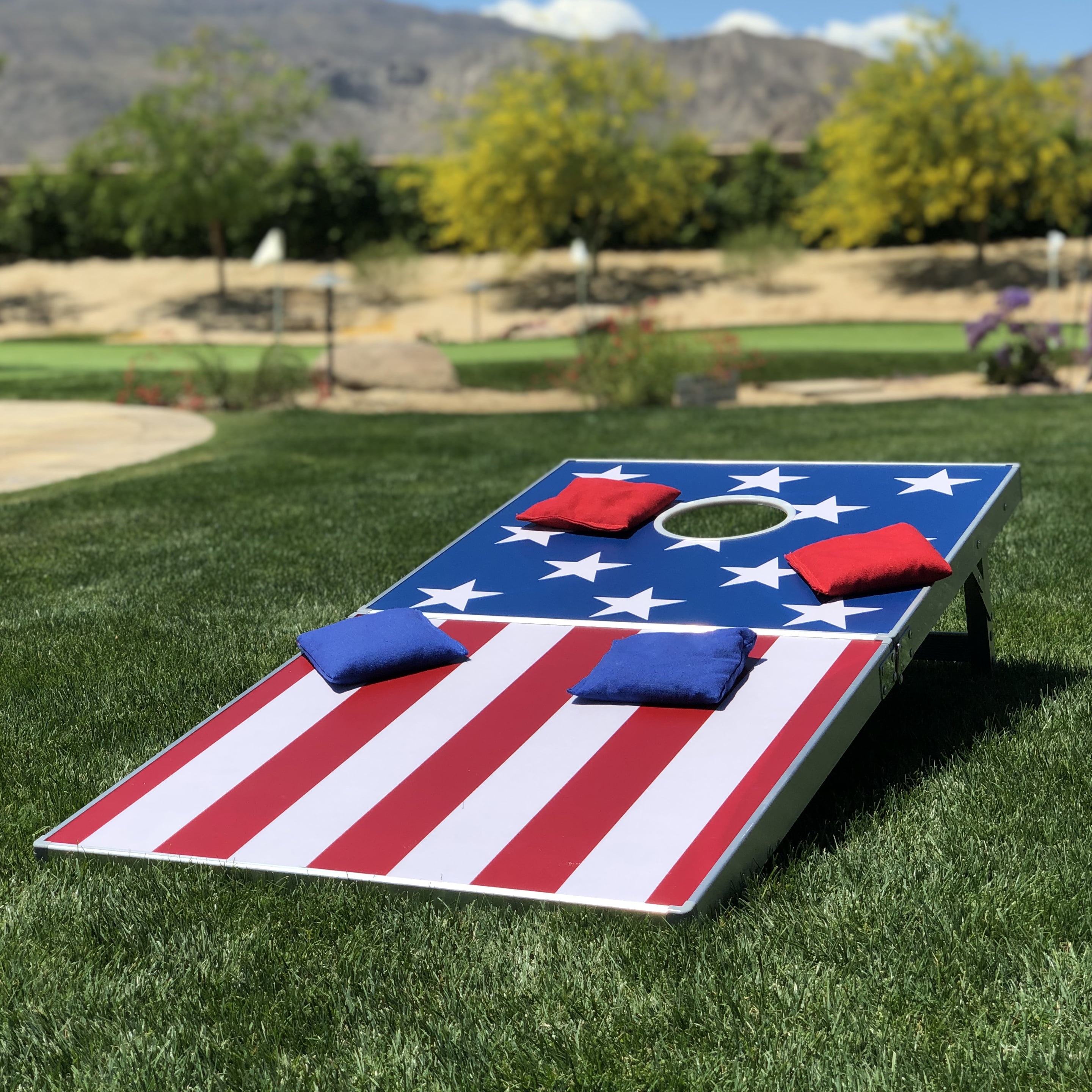 8 Bean Bags American Flag Details about   GoSports Solid Wood Cornhole Set Two 4’ x 2’ Boards 