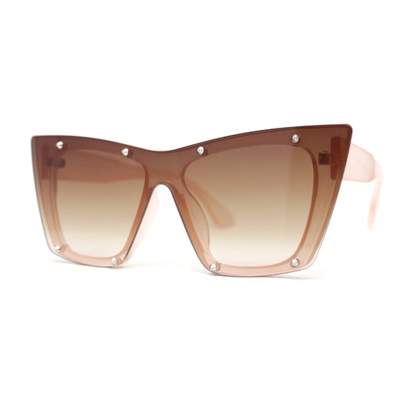 Rimless Gothic Horn Stud Oversized Rectangle Cat Eye Sunglasses Peach - Brown