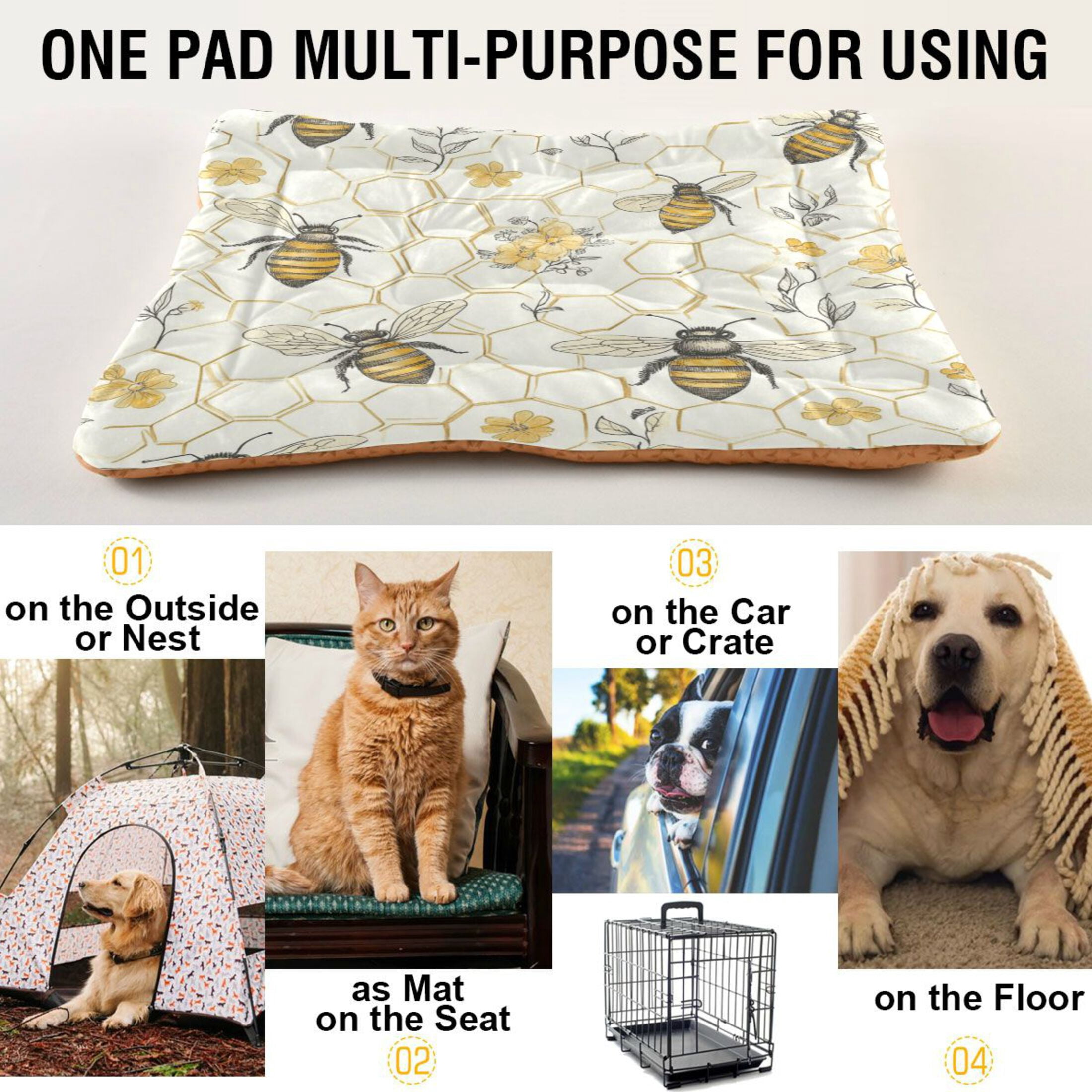 Qxltty Honeycomb with Bees Pattern Ped Pad Wear-resistant and Hard to Bite Through Sleeping Pad for Small Medium Large Dogs Winter Pet Bed 36×24in