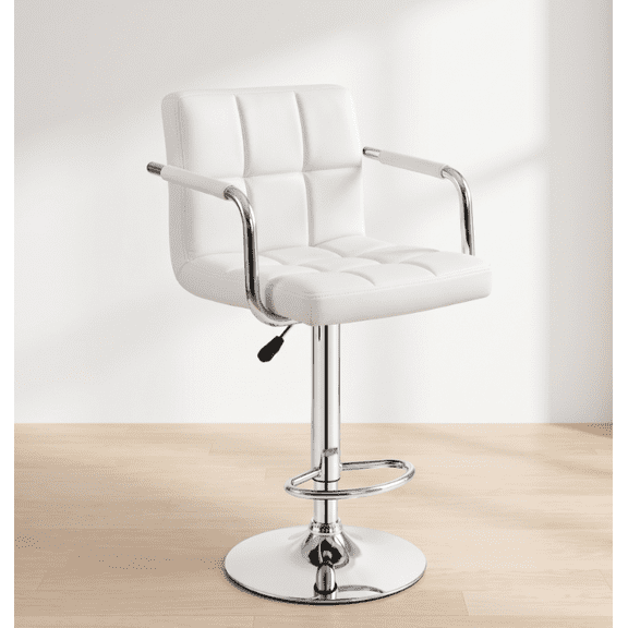 Adjustable Barstools with Back and Armrest,360° Swivel PU Leather Stool for Home,Kitchen Counter,Pub,White